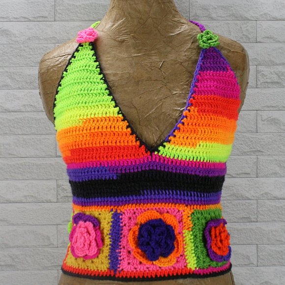 Hand Crafted Tops - HAND CRAFTED Crop Top Crochet Halter Granny Square Floral 3D Festival Rave